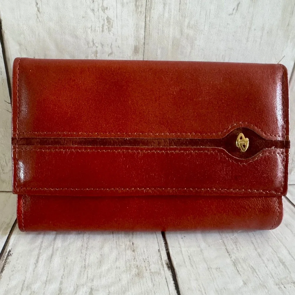 Amity Signature Series Burgundy Cowhide Leather Tri-Fold KissLock Wallet Vintage
